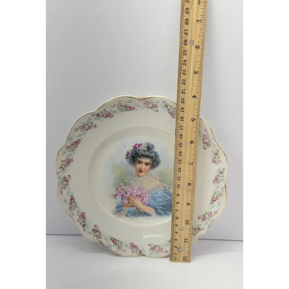 Antique Victorian Portrait Bowl Floral Scalloped Serving Dish Woman Roses...